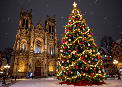 Boże Narodzenie, Udekorowana, Choinka, Kościół, Fasada, Latarnie, Zima