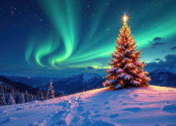 Góry, Zima, Boże Narodzenie, Choinka, Drzewa, Zorza polarna