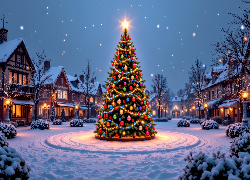 Boże Narodzenie, Choinka, Domy, Grafika AI