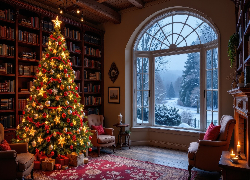 Boże Narodzenie, Salon, Udekorowana, Choinka, Książki, Fotele, Prezenty, Okno, Zima