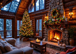 Pokój, Sofa, Dywan, Udekorowana, Choinka, Kominek, Okna, Boże Narodzenie, AI