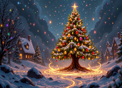 Zima, Noc, Boże Narodzenie, Ośnieżone, Domy, Oświetlona, Choinka, Fantasy