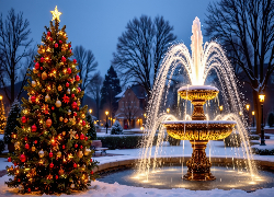 Boże Narodzenie, Udekorowana, Choinka, Fontanna
