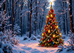 Zima, Las, Drzewa, Ośnieżone, Choinka, Boże Narodzenie, AI