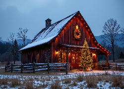 Boże Narodzenie, Choinka, Dom, Drewniany, Zima, Drzewa