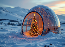 Zima, Góry, Boże Narodzenie, Udekorowana, Choinka, Igloo
