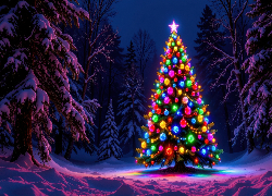 Boże Narodzenie, Choinka, Bombki, Ośnieżone, Drzewa, Zima, Las, Noc, AI