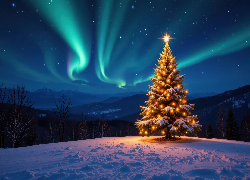 Zima, Boże Narodzenie, Choinka, Zorza polarna, Góry