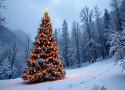 Zima, Choinka, Drzewa, Boże Narodzenie, Grafika AI