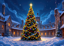 Boże Narodzenie, Udekorowana, Choinka, Zima, Domy, Wieża