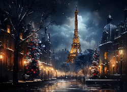 Miasto, Światła, Paryż, Wieża Eiffla, Domy, Drzewa, Choinki, Latarnie, Zima, Niebo, , Boże Narodzenie, Francja