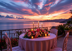Morze, Taras, Stół, Krzesła, Kolorowe, Kwiaty, Róże, Świece, Kolorowe, Niebo