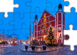 Budynek, Dom, Ratusz, Boże Narodzenie, Choinki, Ulica, Burglengenfeld, Bawaria, Niemcy