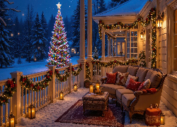 Dom, Taras, Kanapa, Dekoracje, Świąteczne, Choinka, Boże Narodzenie