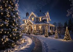 Zima, Śnieg, Dekoracja, Noc, Dom, Choinki, Światła, Droga, Boże Narodzenie