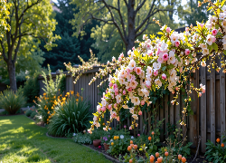 Ogród, Drzewo owocowe, Kwiaty, Płot