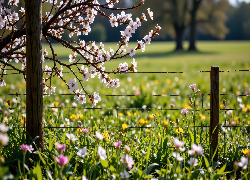 Wiosna, Ukwiecone, Gałązki, Łąka, Kwiaty, Ogrodzenie