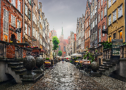 Gdańsk, Ulica Mariacka, Domy, Bazylika, Deszcz, Polska