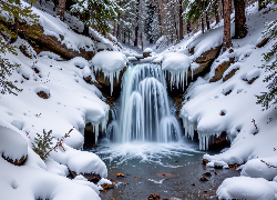 Zima, Las, Rzeka, Uskok, Zwisające, Sople, Lodu, Śnieg