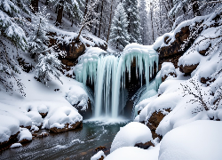 Skały, Uskok, Sople, Lodu, Śnieg, Zima, Ośnieżone, Drzewa