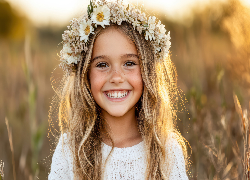 Uśmiechnięta, Dziewczynka, Blondynka, Kwiaty, Wianek