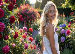 Kobieta, Blondynka, Kwiaty, Ogród