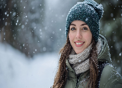 Kobieta, Uśmiech, Szatynka, Długie, Włosy, Czapka, Szal, Kurtka