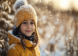 Długowłosa, Dziewczynka, Uśmiech, Kurtka, Czapka, Szal, Śnieg