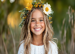 Uśmiechnięta, Dziewczynka, Blondynka, Wianek, Kwiaty