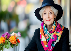 Kobieta, Uśmiech, Kolorowy, Szalik, Kapelusz, Kwiaty