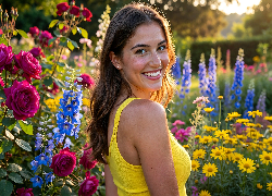 Kobieta, Uśmiechnięta, Kwiaty, Ogród
