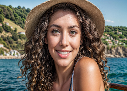 Kobieta, Kapelusz, Kręcone, Włosy, Uśmiech