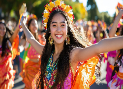 Uśmiechnięta, Kobieta, Tancerka, Pióropusz, Kolczyki