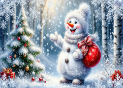 Zima, Bałwanek, Worek, Choinka, Śnieg, Las