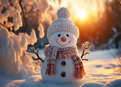 Bałwanek, Szalik, Czapka, Zachód słońca, Grafika AI