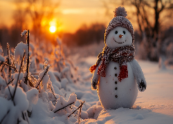 Bałwan, Szal, Czapka, Zima, Śnieg, Ośnieżone, Rośliny, Zachód słońca, Al