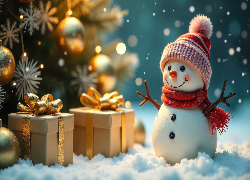 Śnieg, Bałwan, Czapka, Szalik, Prezenty, Udekorowana, Choinka, Światła, AI