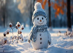 Śnieg, Bałwan, Czapka, Szalik, Uśmiech, Rośliny, Las