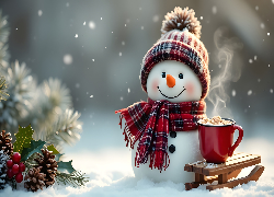 Zima, Śnieg, Bałwan, Czapka, Szalik, Sanki, Kubek, Szyszki, Ostrokrzew