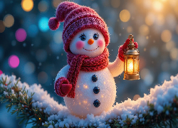 Zima, Światło, Bałwan, Czapka, Szalik, Uśmiech, Latarnia, Gałązka, Śnieg, AI