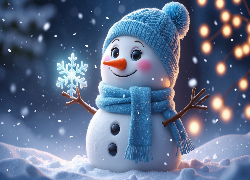 Zima, Bałwan, Czapka, Szalik, Uśmiech, Śnieżynka, Śnieg, Światełka