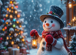 Świąteczne, Bałwanek, Kapelusz, Szalik, Rękawiczki, Latarnia, Choinka, Girlandy, Prezenty, Zima, Śnieg, AI