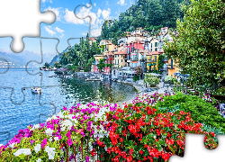 Włochy, Varenna, Jezioro, Lake Como, Kwiaty, Kolorowe, Domy, Łódka, Drzewa