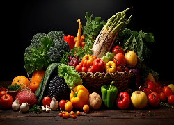 Warzywa, Owoce, Kosz, Jabłka, Kukurydza, Brokuły, Winogrona, Papryka, Pomidory, Czosnek, Czarne, Tło