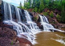 Stany Zjednoczone, Minnesota, Wodospady, Waterfalls Middle Falls, Rzeka, Gooseberry River, Skały, Drzewa
