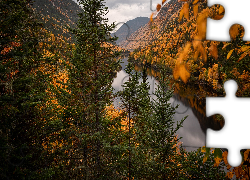 Jesień, Góry, Wąwóz, Rzeka, Malbaie River, Drzewa, Park Narodowy Hautes Gorges de la Riviere Malbaie, Prowincja Quebec, Kanada