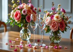 Róże, Bukiety, Dwa, Kieliszki, Grafika AI