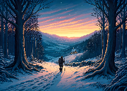 Zima, Droga, Człowiek, Góry, Drzewa