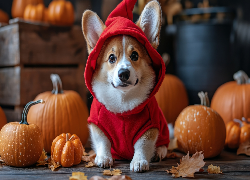 Pies, Welsh corgi pembroke, Czapka, Czerwone, Ubranko, Dynie, AI