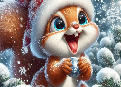 Zima, Śnieg, Wiewiórka, Czapka, Uśmiech, Bombka, Gałązki, Świerkowe, AI